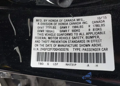 2016 Honda Civic Ex from USA, damaged, VIN 2HGFC2F70GH503276
